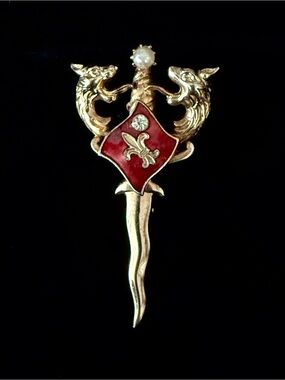 Vintage Gold Tone Fleur de Lis & Griffon Head Royal Scepter Sword Brooch Pin